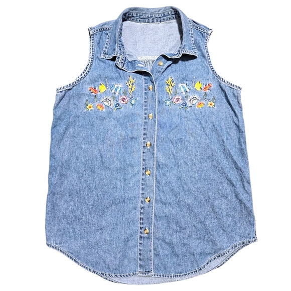 VTG Grannycore Denim Button-Up Vest Wmns M Embroidered Tropical Fish & Seashells - Picture 1 of 12